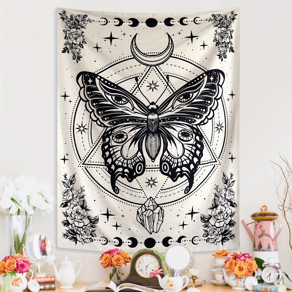 VIKAMA Black And White Minimalist Moth Print Tapestry For Living Room Bedroom Outdoor Party Home Decoration Wall Hanging