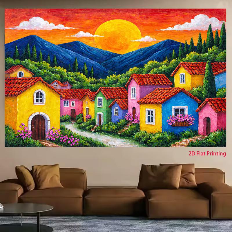2D Whimsical Sunset Village Photography Backdrop
