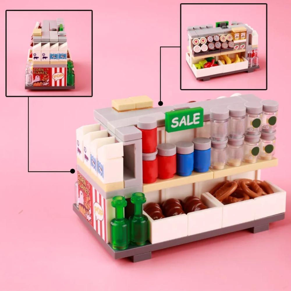 City Food Street View Vendor Hot Dog Roadside Stand Building Blocks Ice Cream Newsstand Flower Shop Trash Can Toilet Bricks Toys