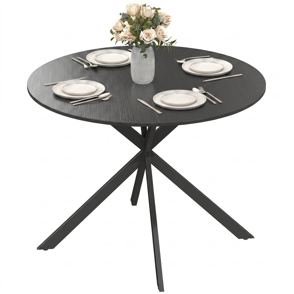 Round Dining Table for 4 People, Industrial-Style Kitchen Table with Steel Legs, for Dining Room, Kitchen, Black