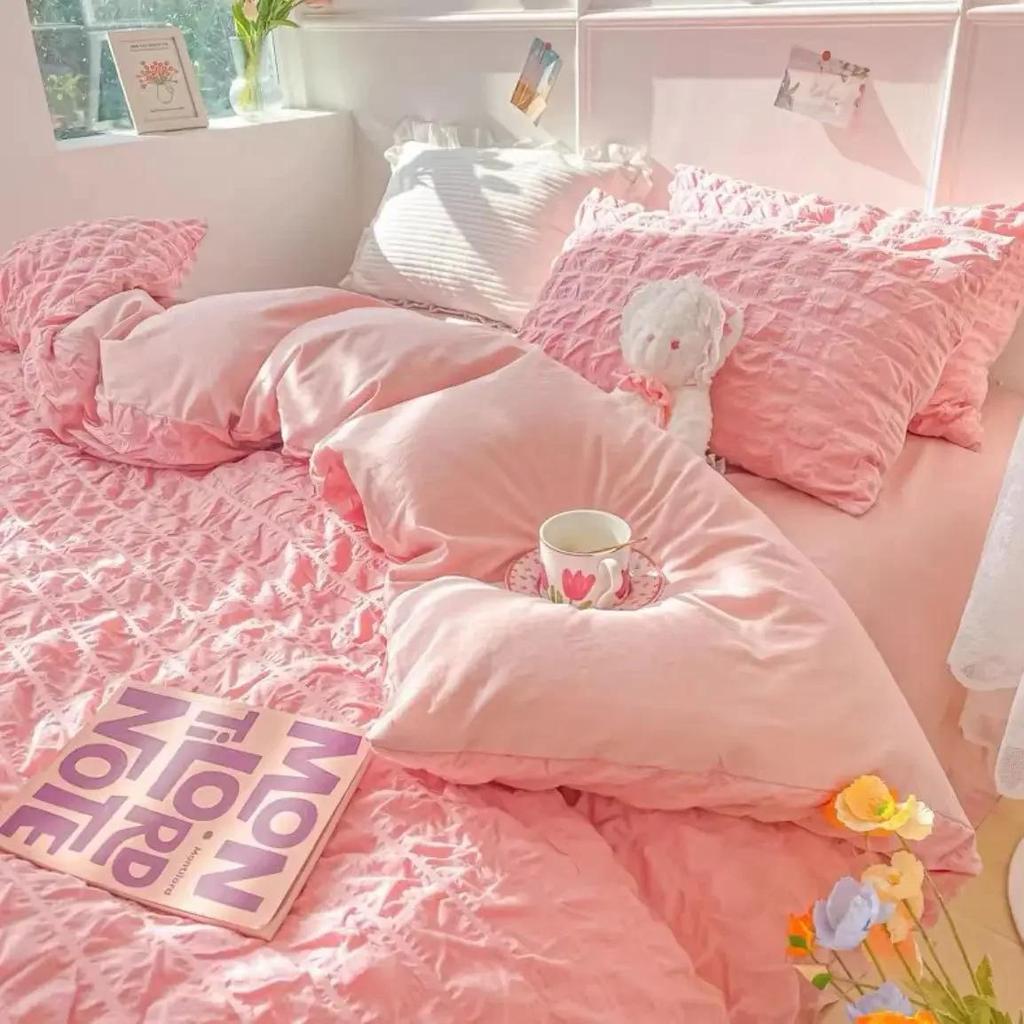 Juego de Ropa de Cama de Princesa Estilo Francés Algodón Lavado Color Sólido Seersucker Verano Suave Nuevo 2024 Juego de Sábanas Juego de Funda Nórdica