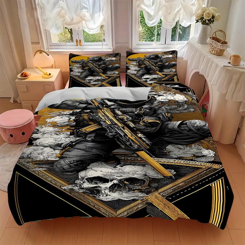 3pcs Golden Skull Tactical Gear Home Decor Bedding Set-Perfect for Bedroom, Guest Room, Living Room, Hotel Use-Ideal Gift for Fans, Traveler