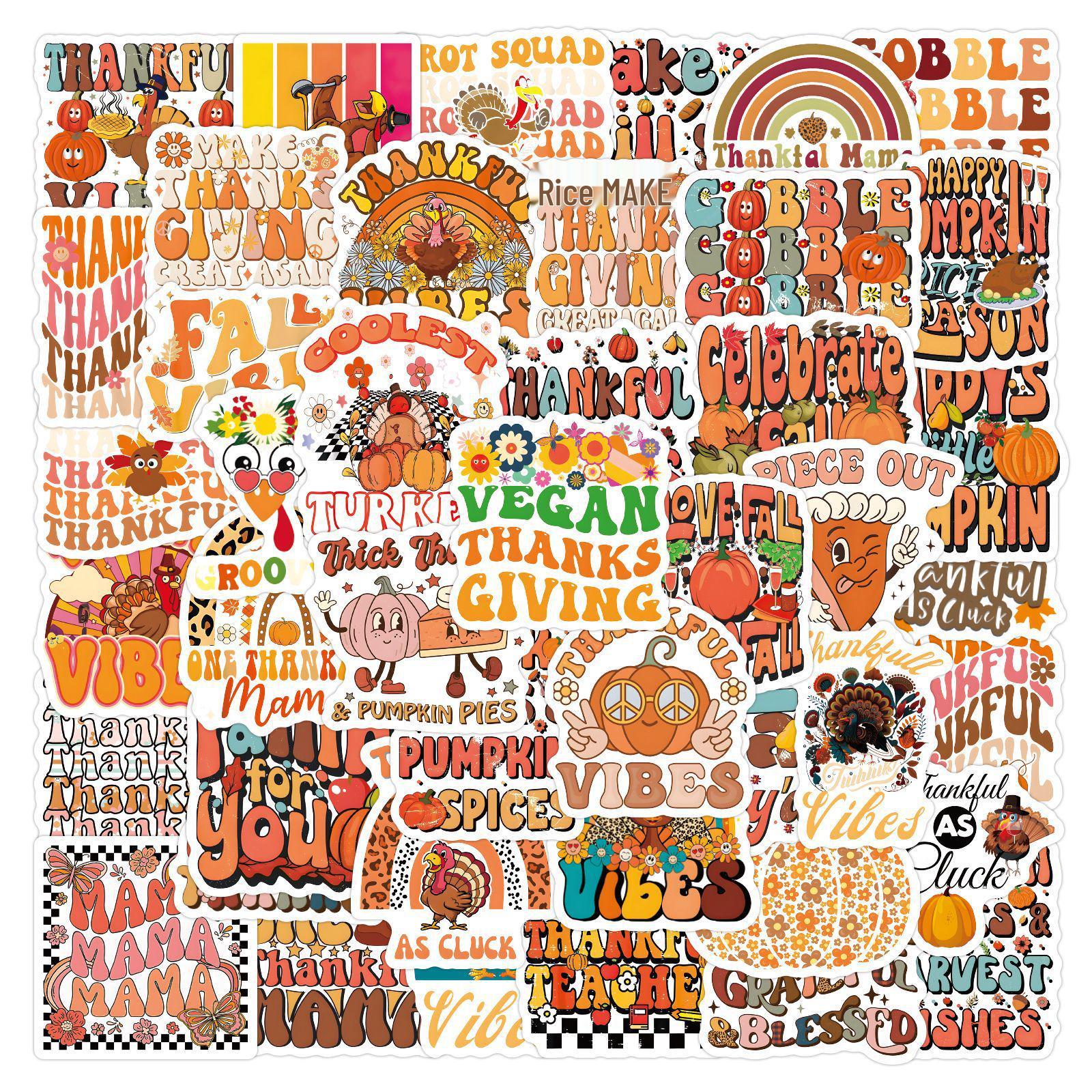 60 Sheets Groovy Thanksgiving DIY Cartoon Waterproof Stickers