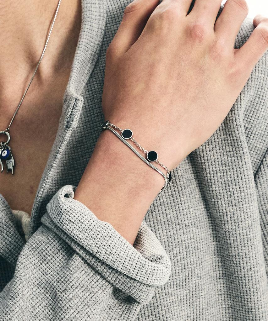 Ssy Double Layered Onyx Stone Bracelet Circle Silver