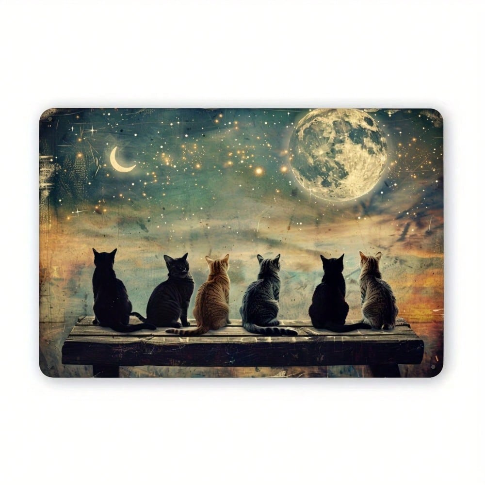 Metal Wall Art Cat Moon, Vintage Home Decor Gift