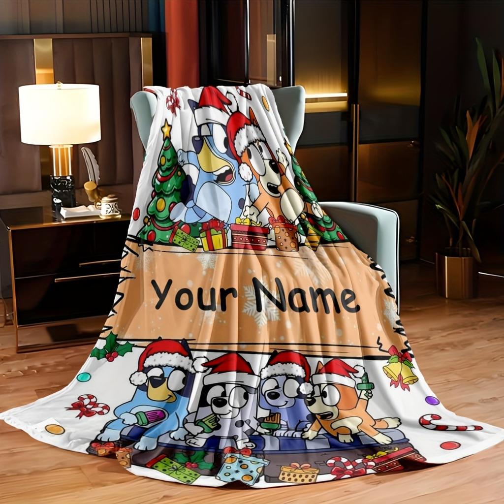 Customizable Name Flannel Blanket - Anime Dog Print Christmas All-Season, Machine Washable, Knitted Polyester, Cozy Warm