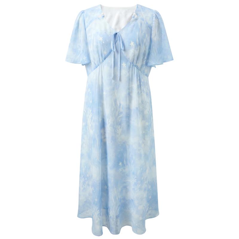 Sancai Plus Size 2026 Summer Chiffon Maxi Dress with Oceanic Print L