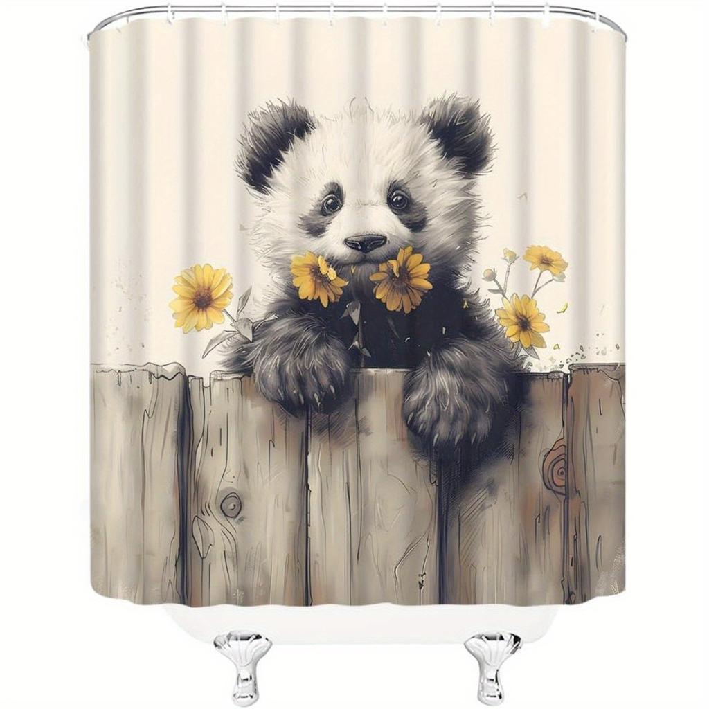 Panda Shower Curtain, Funny Animal & Yellow Floral - Country Fence, Rustic Wood Design, Polyester, 12 Hooks