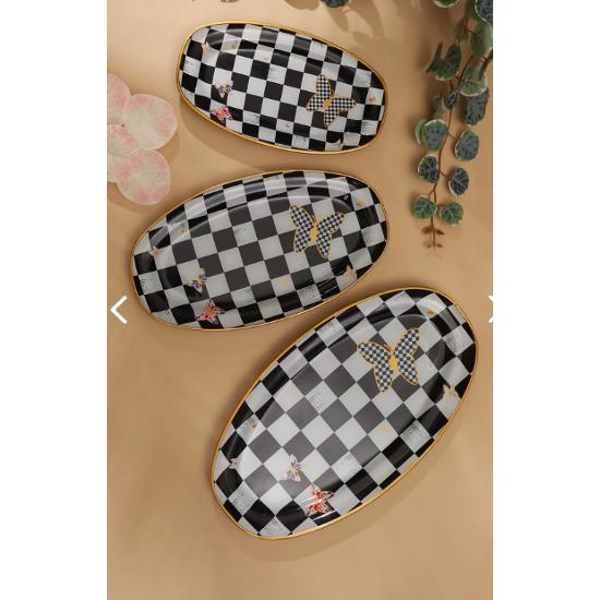 

Checkered Oval Boat Plate Set of 3