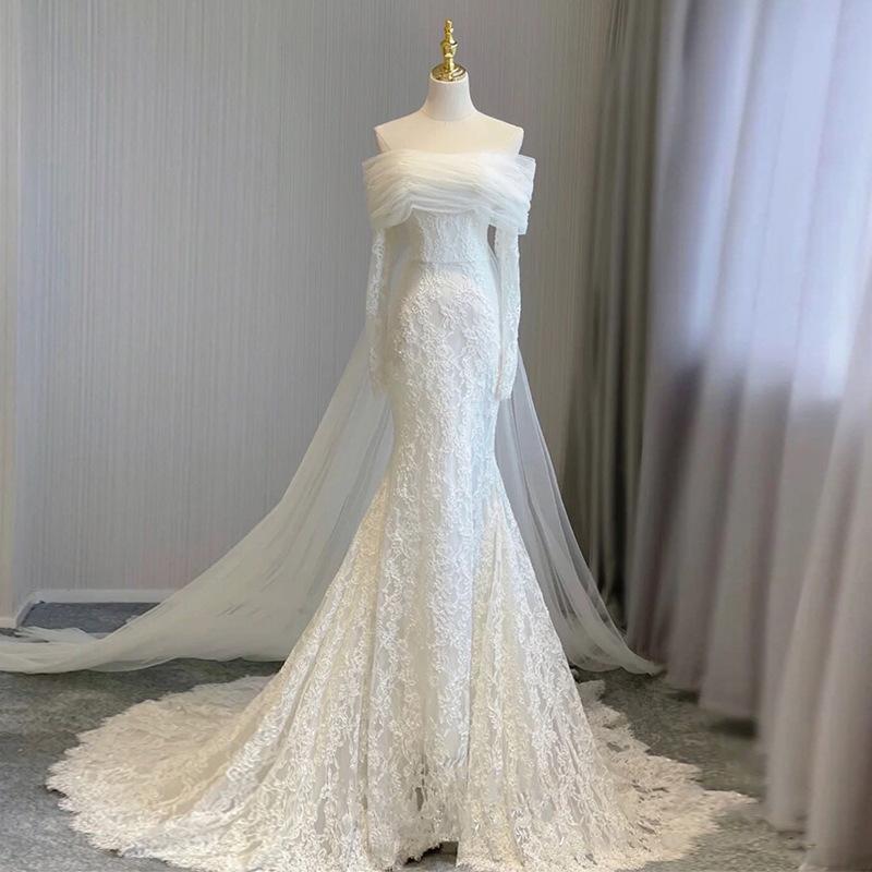 European and American fishtail lace light wedding dress bride simple one-word shoulder wedding welcome door dress French light dress