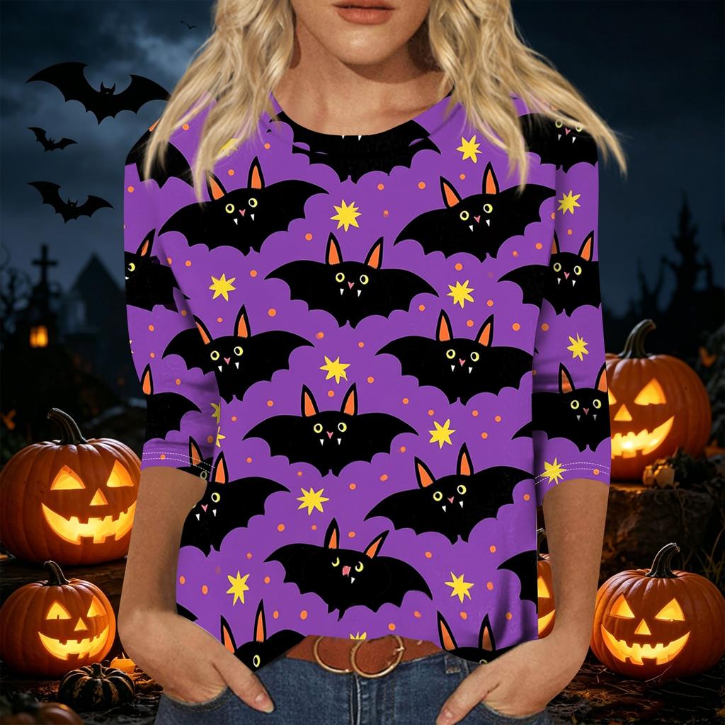 Women's Casual Halloween Print Pullover Top Lightweight Long Sleeve Round Neck Shirt for Fall Seasonal Wear
