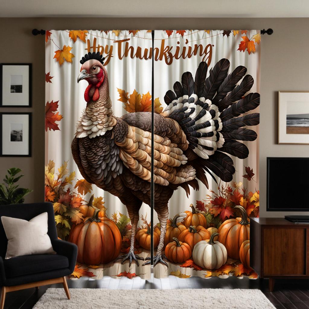 2pcs Set HD Thanksgiving Turkey Pumpkin Maple Leaf Decorative Curtain Yellow Tie Digital Printed Curtain Home Decor Styl