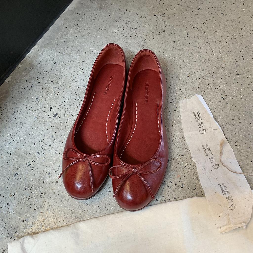 Super Soft Washed Horse Skin Grape Mother Same French Retro Bow Shallow Mouth Single Shoes Women's Versatile Ballet Flats