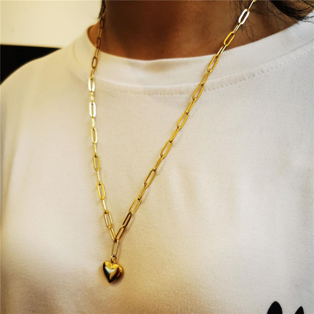 Stainless Steel Paperclip Chain Puff Heart Pendant Necklace For Woman Fashion Heart Jewelry Gifts