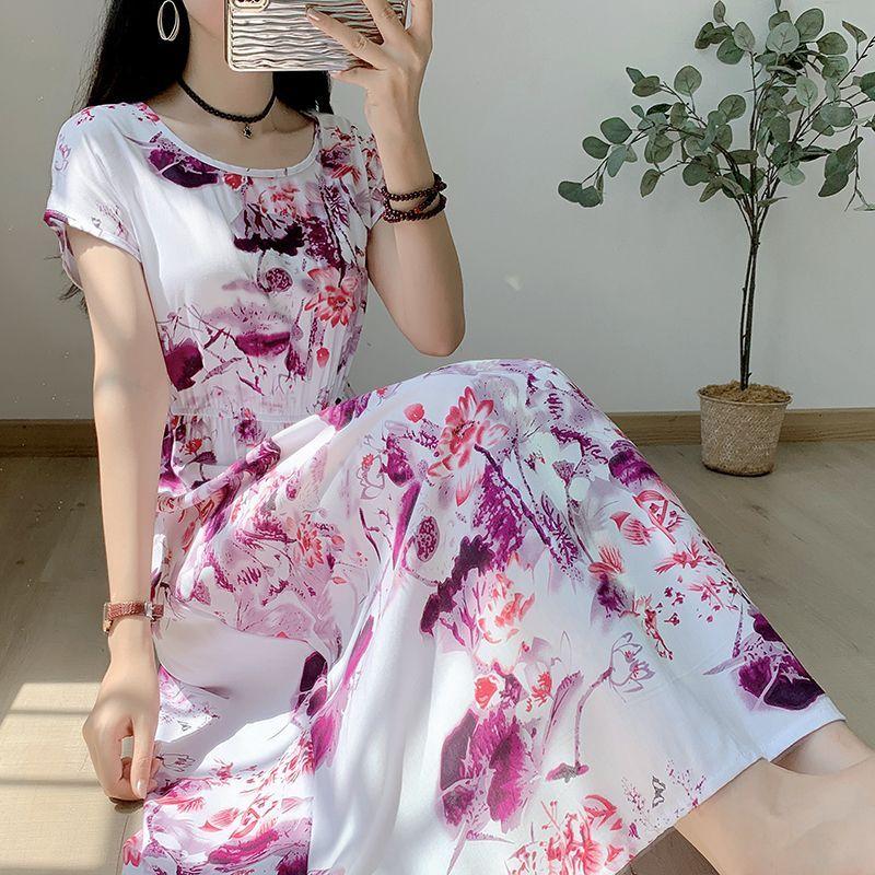 Свободное и обтягивающее хлопково-шелковое платье с короткими рукавами для летней — фото 18