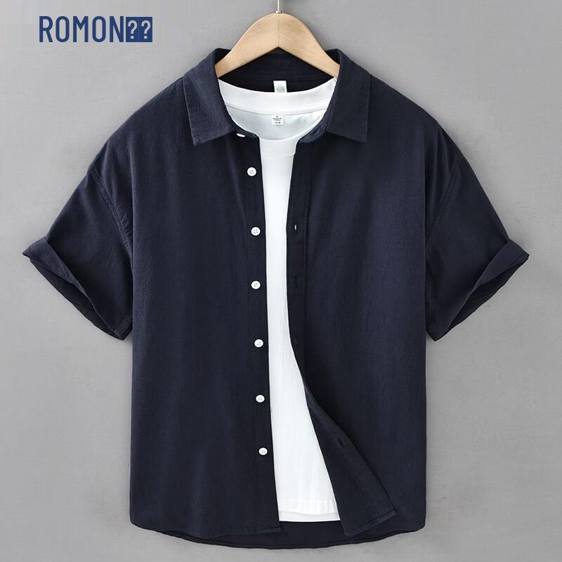 ROMON Men s Summer Casual Cotton Wrinkle Short Sleeve Shirt 2XL