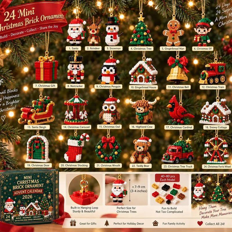 3D Mini Christmas Brick Ornament Advent Calendar 2026, 24 Days Christmas Countdown Building Blocks Kit,Christmas Tree Decor Gift