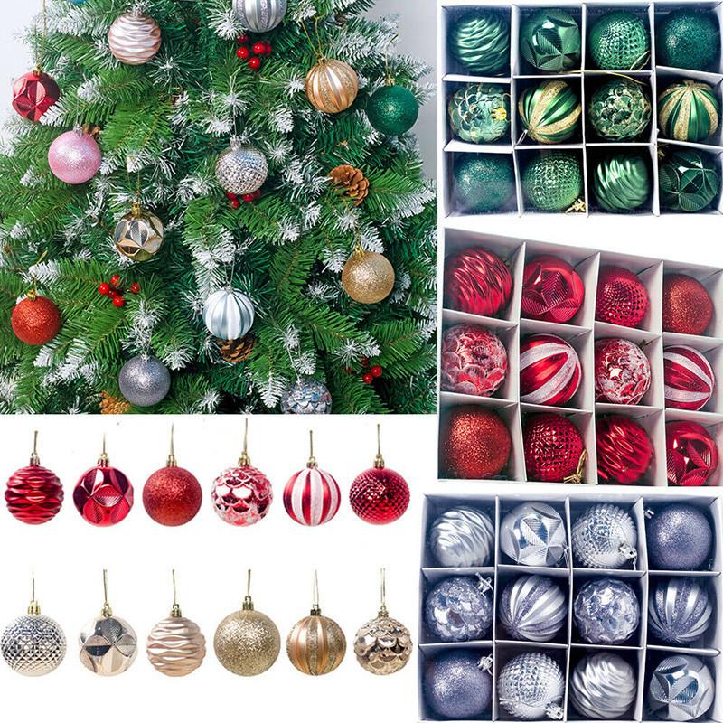 Festive 12/24pcs Christmas Tree Baubles Glitter Ornaments For Christmas Decor