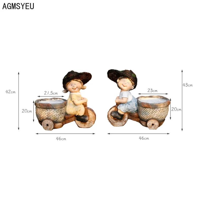 Creative Resin Cartoon Characters Boys and Girls Sculptures with Flower Pots Villa Garden Decor Landscape Home Decor Accessories