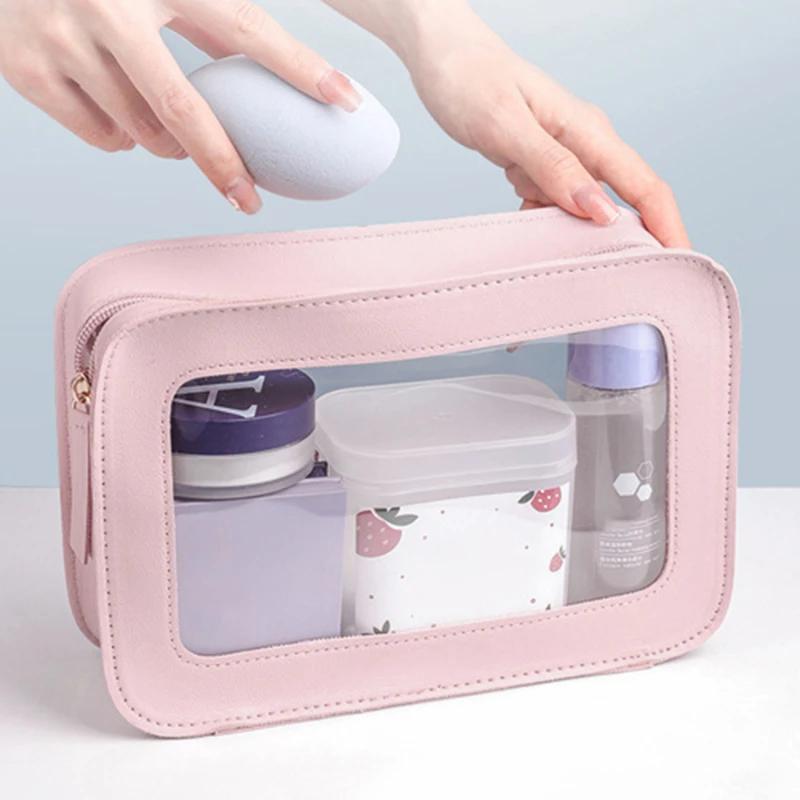 Women PU Makeup Bag Traveling Cosmetic Bag Clear Toiletry Bag Skincare Products Organizer Portable Size Toiletries Storage