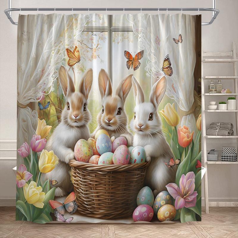 Funny Bunny Easter Shower Curtains Butterfly Watercolour Floral Rabbit Eggs Rustic Fabric Home Bathroom Curtain Decor With Hooks