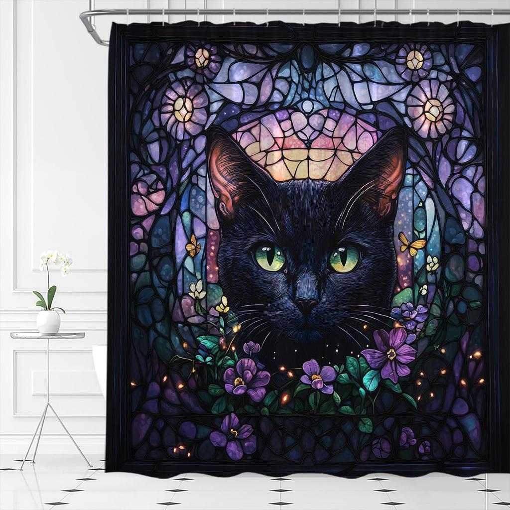 Black Cat Shower Curtain Stained Glass Funny Kitty Floral Abstract Art Gothic Style Halloween Fabric Bathroom Decor Set