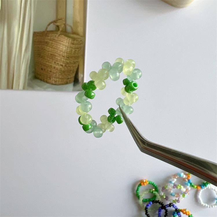 2025 Summer Macaron Color Beaded Flower Ring - Korean Porcelain Women's Jewelry