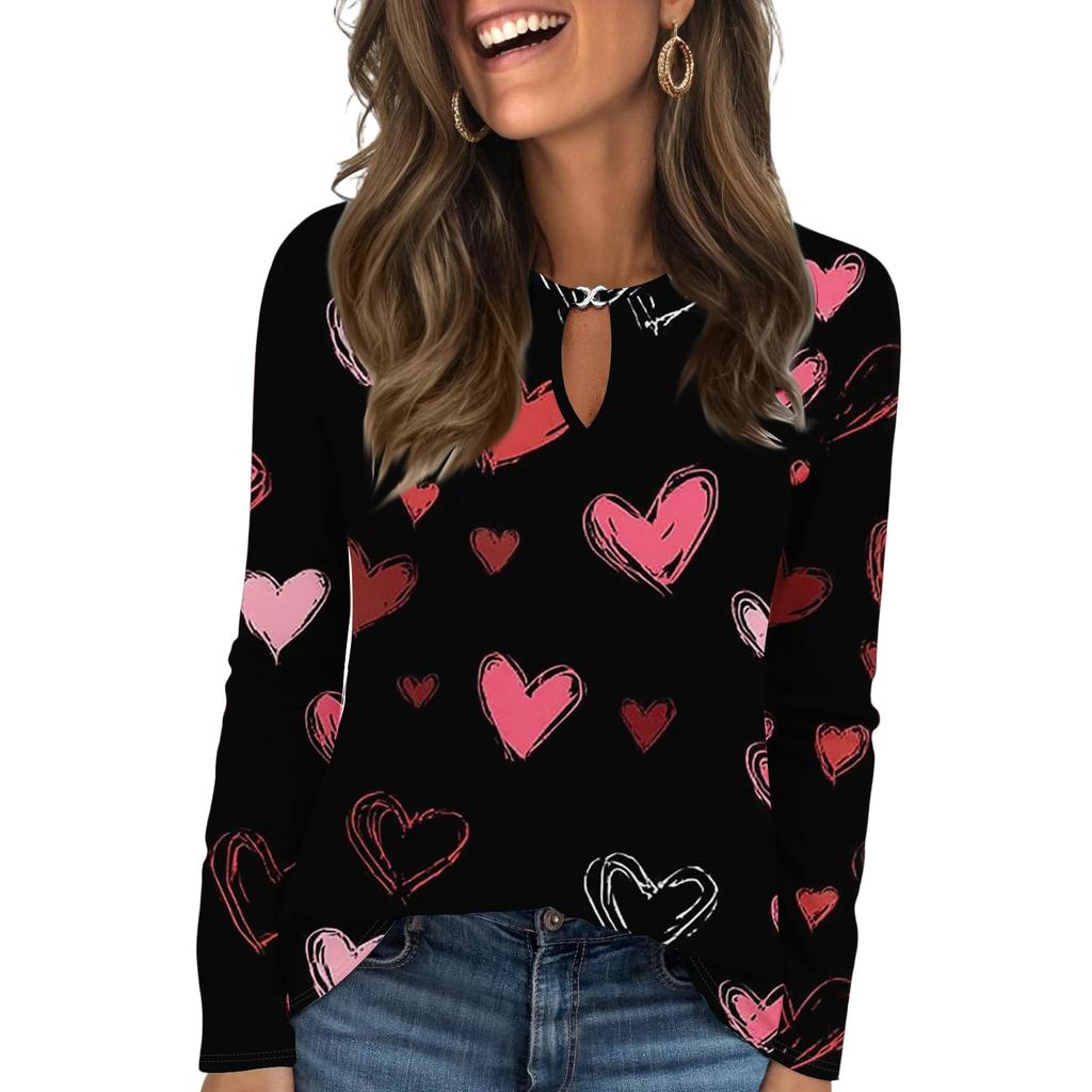 Women's Casual Round Neck Hollow,out Pullover Long Sleeve Valentine's Day Heart Print T,shirt Top