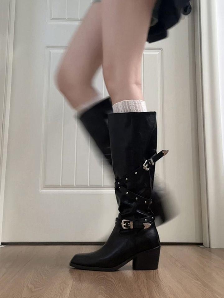 2025 new thick heel rivet belt buckle boots women's autumn and winter spice girl knight boots tall boots western cowboy boots