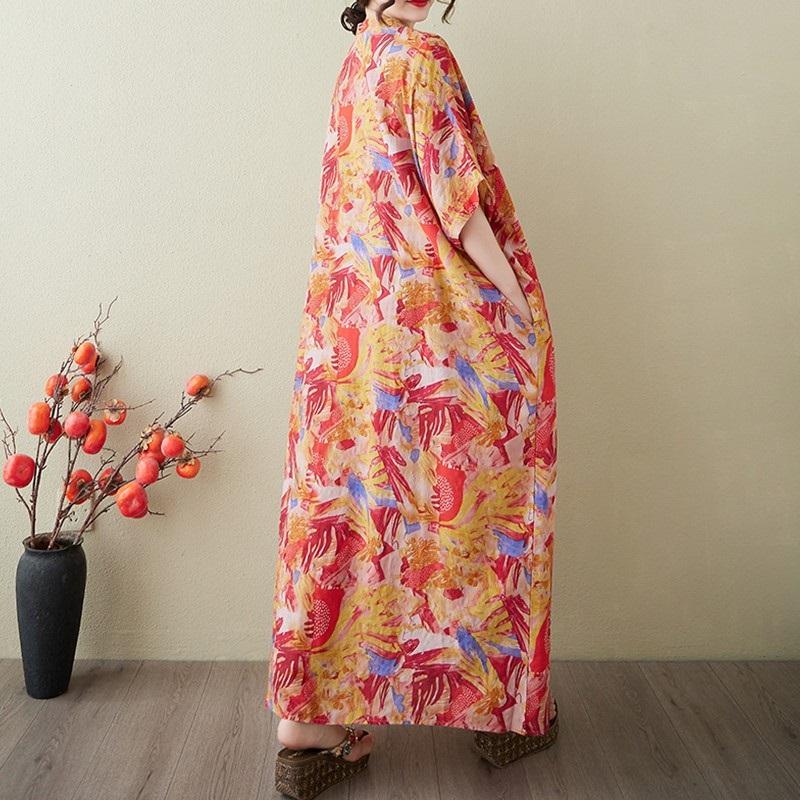 Short Sleeve Plus Size Cotton Vintage Floral New In Dresses for Women Casual Loose Maxi Long Summer Dress
