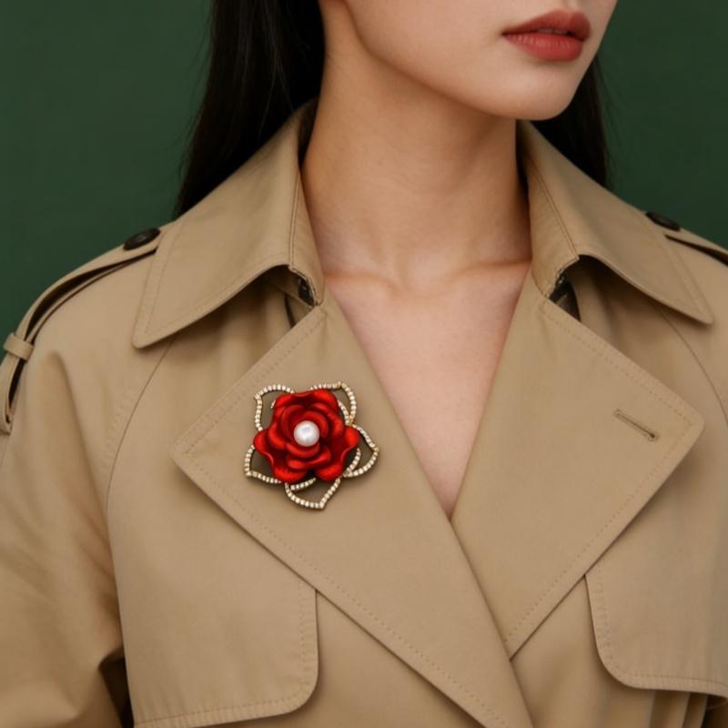 

Light Luxury Red Camellia Brooch For Women Unisex Elegant Hollow Flowers Corsage Pins Office Party Jewelry Accessories Gifts onesize