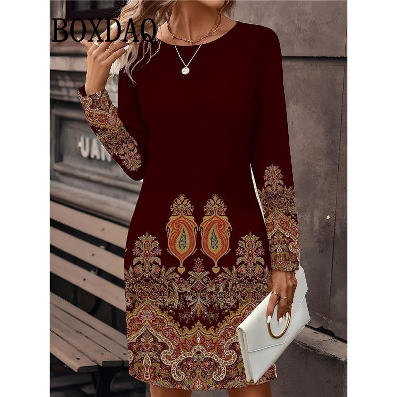 Women's Casual Long Sleeve Print Dress Fashion Autumn Winter Floral For Women Dresses Retro O-Neck Loose Ladies Dresses Vestidos