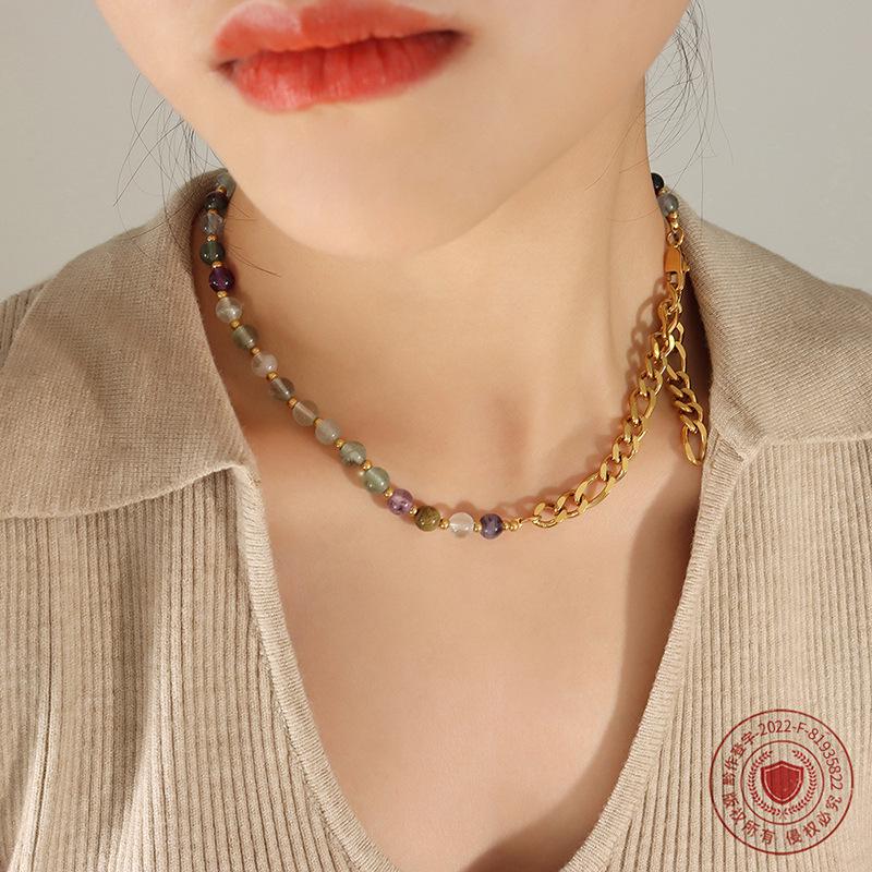 Multi-Color Natural Stone Beaded Titanium Steel Necklace