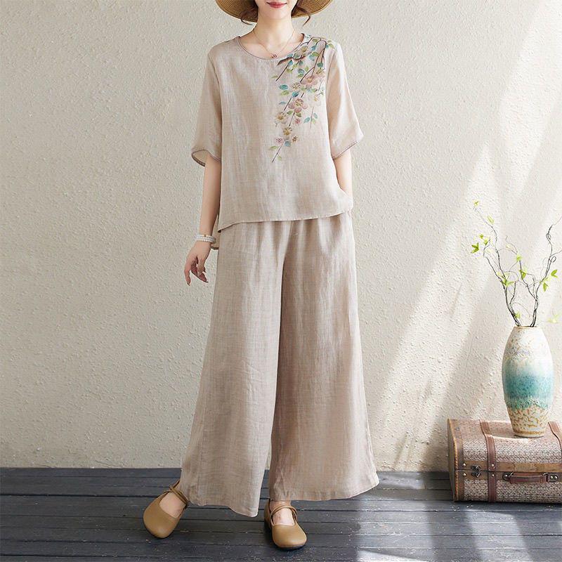Retro Cotton Linen Print Women's Two-Piece Set: Summer Pullover & Lightweight Wide-Leg Pants with Slimming Top, Short Sleeve