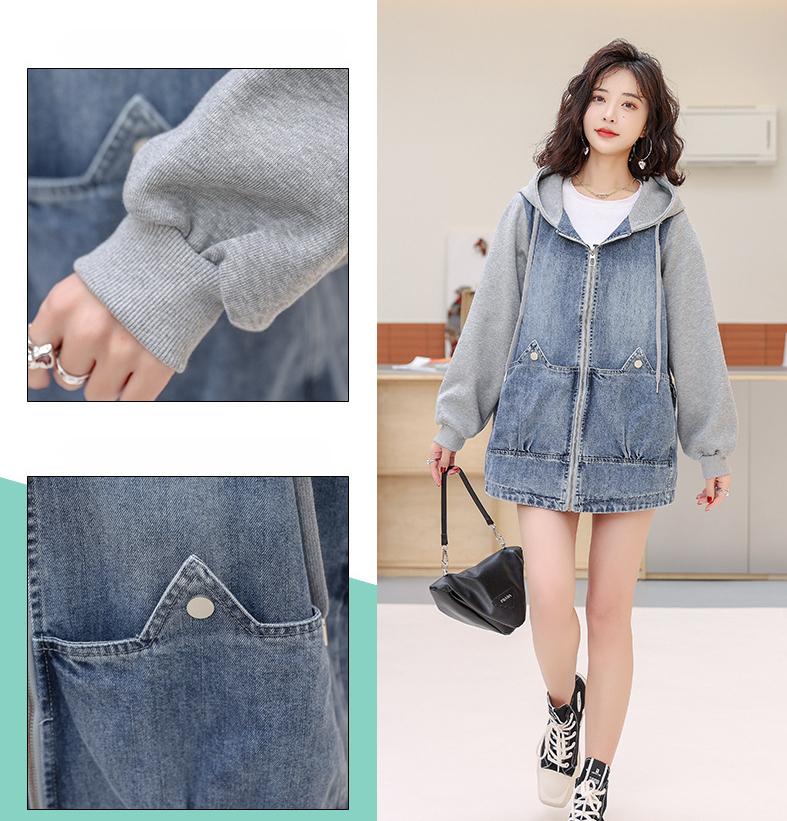 Hooded Denim Jacket Women's Spring and Autumn Stitching Loose Large Size Short Zipper Small Spring Top