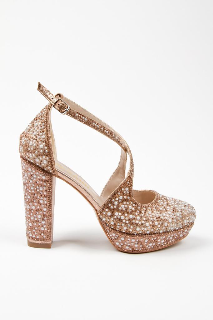 Modische Damen-Abendschuhe in Platin mit vollem Perlenstein und Absatz für die Party