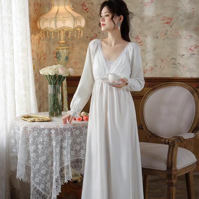 Camicia da notte da donna retrò in pizzo da palazzo, cotone, maniche lunghe, scollo a V con lacci, imbottitura sul petto, adatta per l'abbigliamento da esterno, homewear primaverile/autunnale
