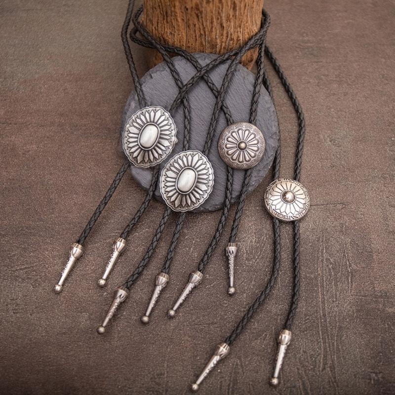 Men's Western Bolo Tie with Flower Pattern Metal Pendant Adjustable Leather Rope Necktie Vintage Necklace Shirt Chain