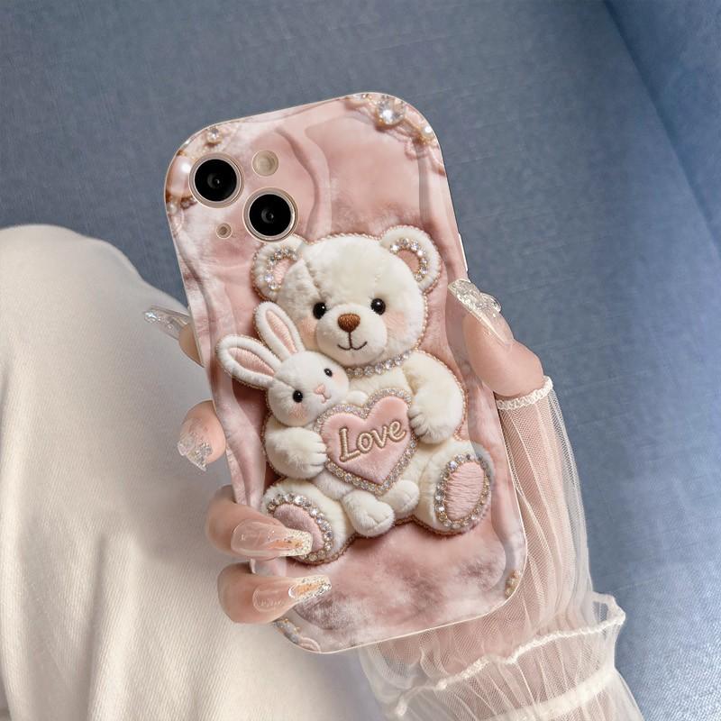 Cute Cartoon Pink Plush Bear Printed Phone Case For iPhone 17 16 Pro Max 15 14 13 12 11 Cover For iPhone Air 16E XS XR X Fundas