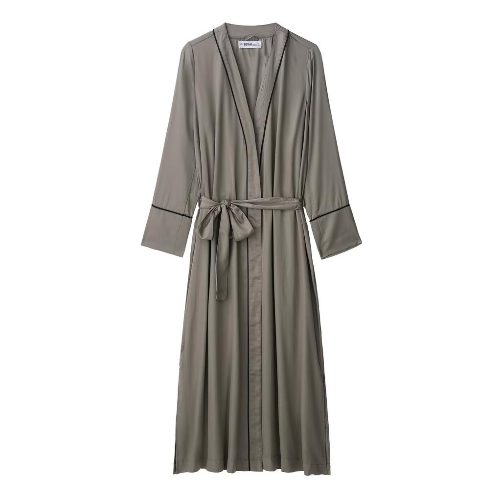 Women's Clothing Autumn New, European and American Style Fashion Simple Loose Satin Lace-up Long-sleeved Nightgown Dress