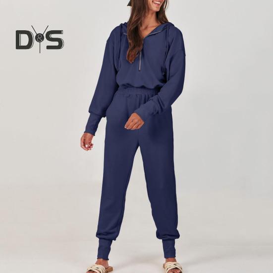 

Женский комбинезон с капюшоном, эластичный пояс, однотонный, свободный, спортивный стиль, застежка-молния, длинный рукав, отделка по щиколотку, имитация карманов, женский комбинезон из двух частей S темно-синий