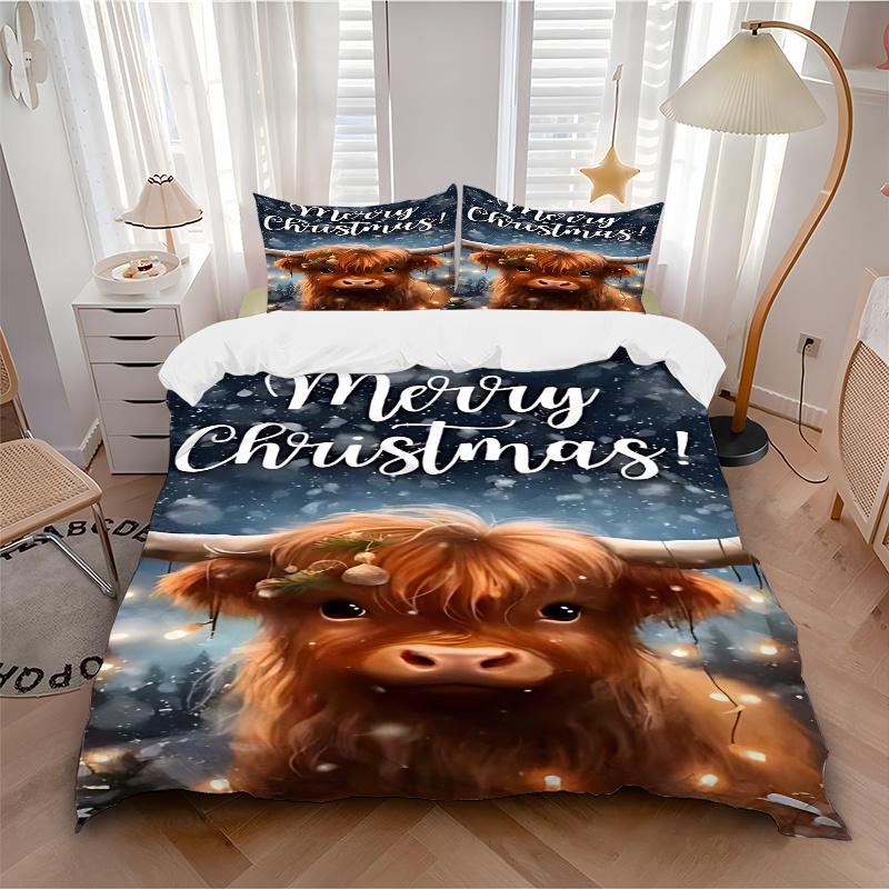 

3pcs Christmas Highland Cow Bedding Set, Includes One Quilt Cover and Two Pillowcases (No Core), Festive Gift for Home Decor 135x200cm