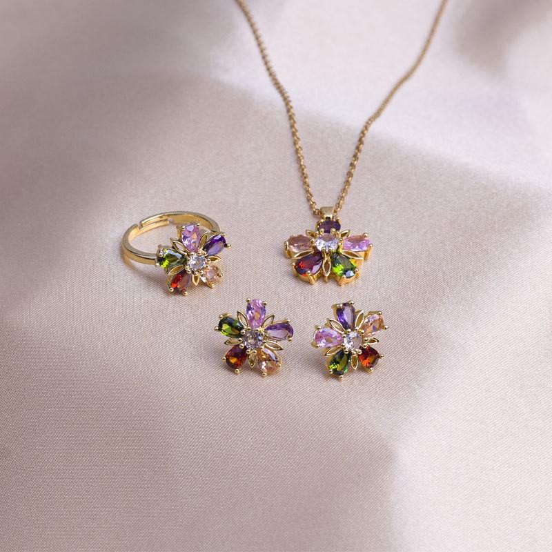 Womens Titanium Steel Jewelry Set Flower Gem Pendant Necklace Earrings Ring Fashion OL Style