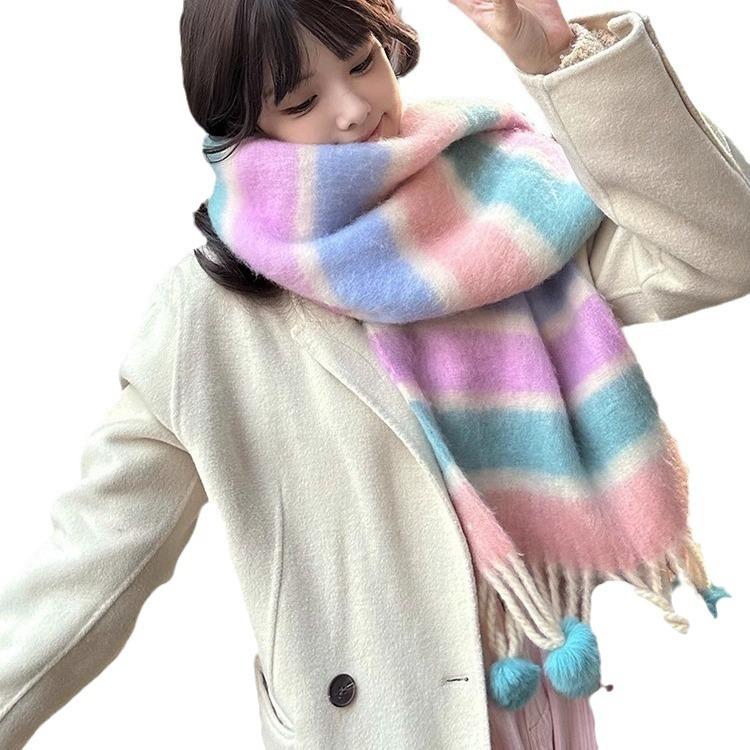 Wind Dopamine Color Stripe Hanging Ball Scarf Warm Student Premium Versatile Scarf