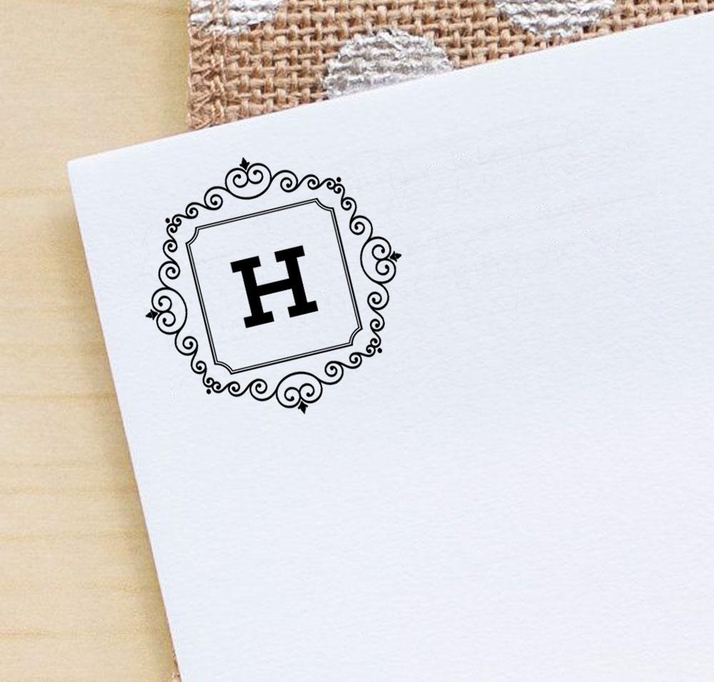 Printtoo Self Inking Square Swirl Border H Alphabet Monogram Initial Round Rubber Stamp Office