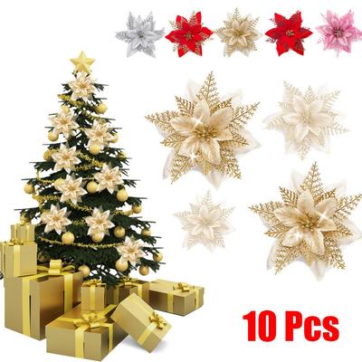10X Poinsettia Glitter Flower Tree Decorations For a Dazzling Christmas Tree