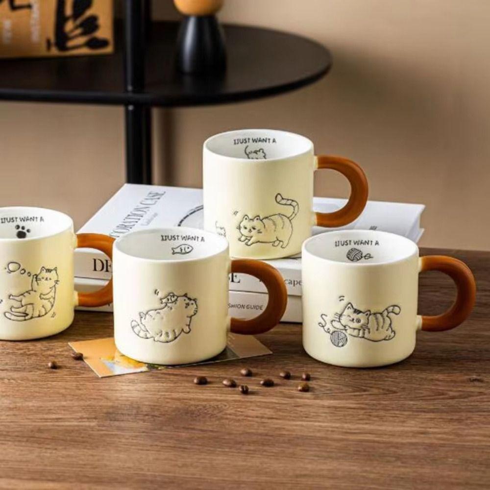 Hand Drawn Ceramic Coffee Cup with Spoon Water Cup with Lid Cartoon Cat Drinkware  Milk