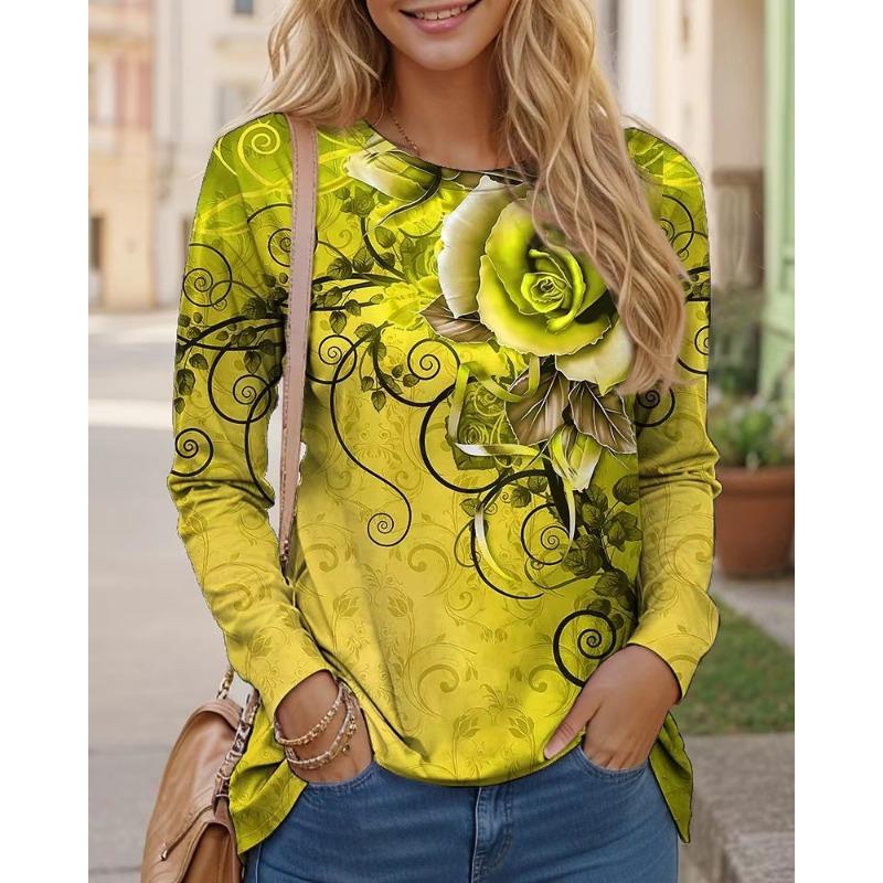 

Топ с цветочным узором, напечатанный в 3D, повседневные женские футболки с длинным рукавом - Мягкая полиэстеровая ткань средней эластичности, одежда свободного кроя для весны и осени 5XL