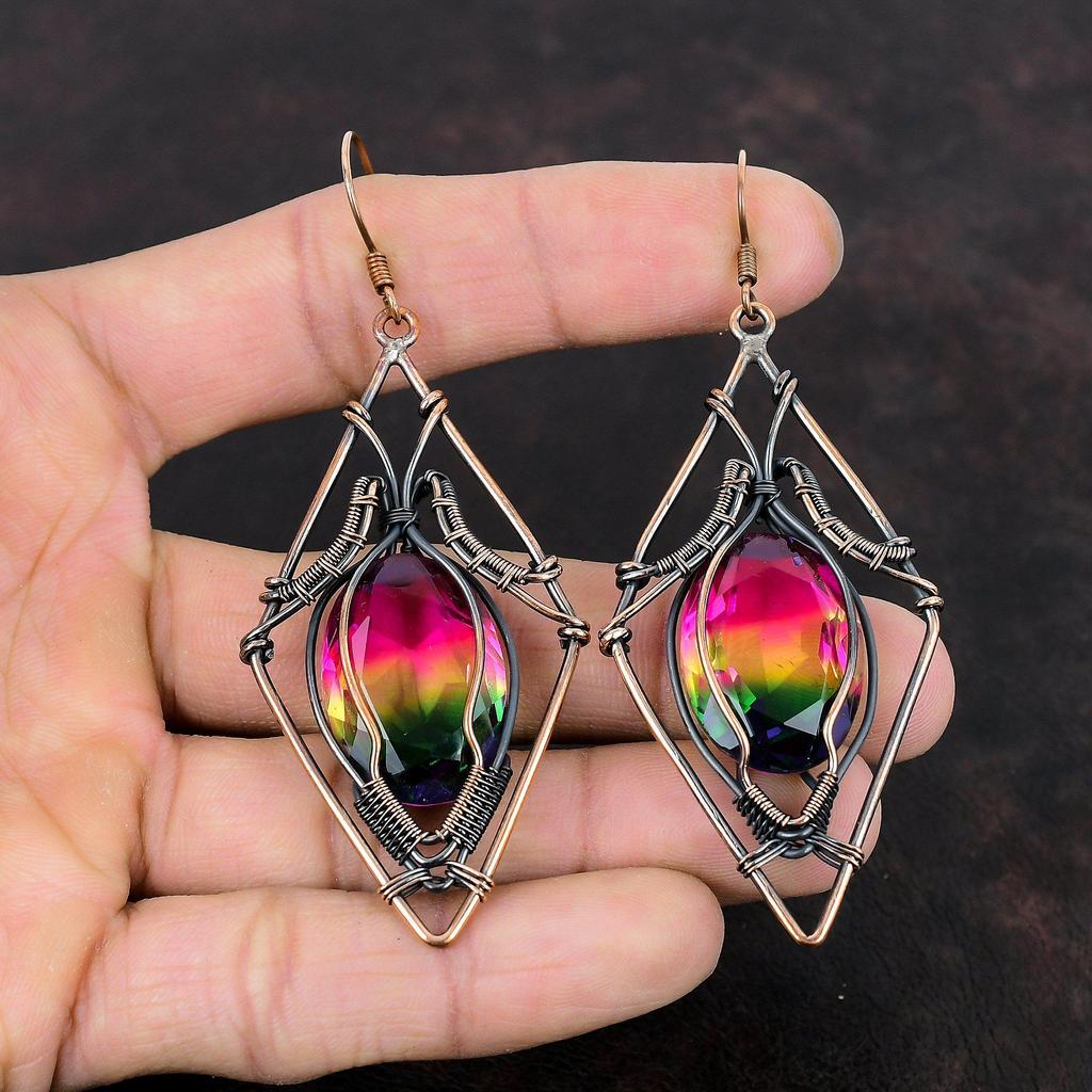 Cercei fațetați cu turmalină multiplă Cercei înveliți cu sârmă de cupru Cercei cu pietre prețioase Bijuterii din cupru Cercei lucrați manual Bijuterii învelite cu sârmă pentru cadou