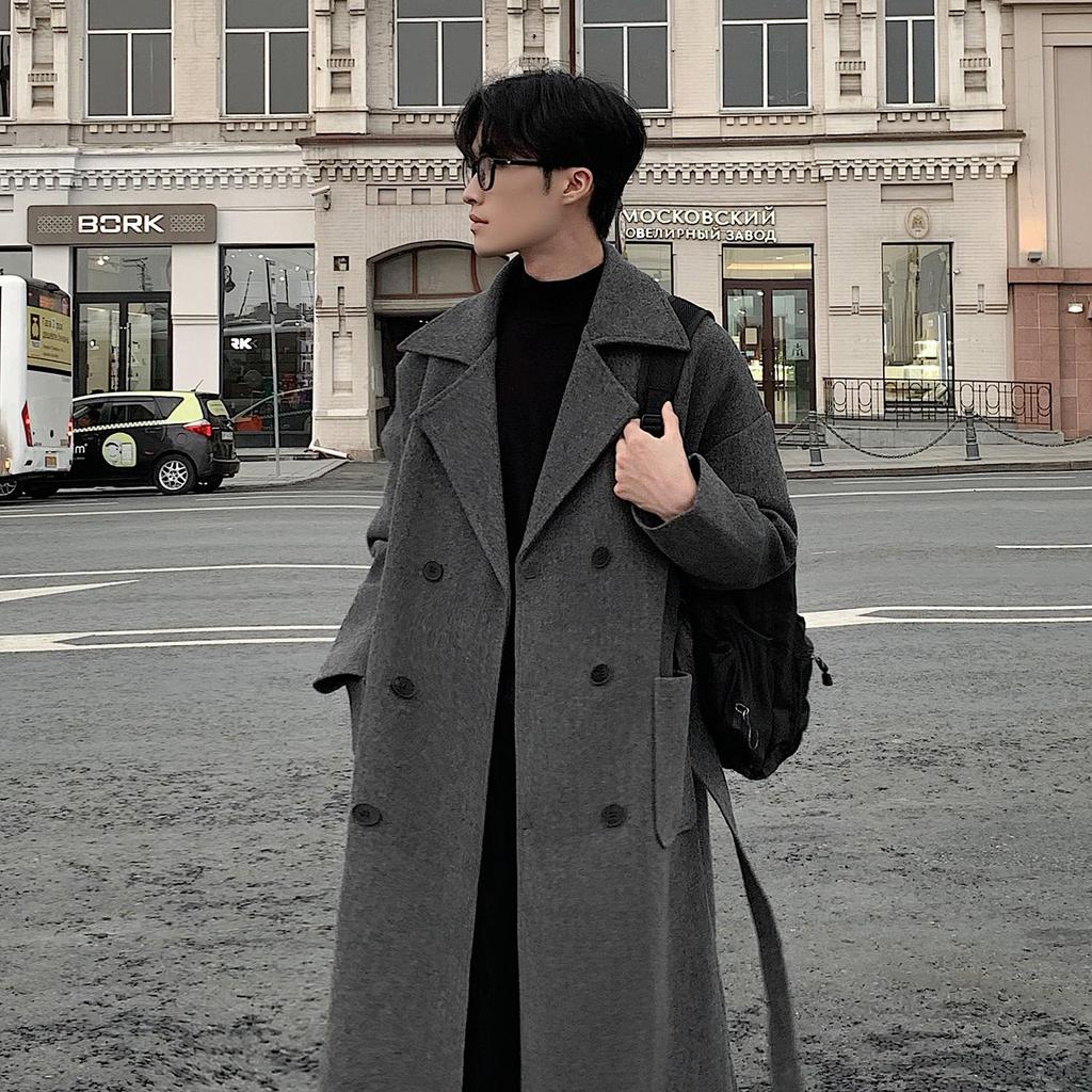 Men's Mid-Length Korean Style Wool Trench Coat - Autumn/Winter, Thickened, Over-the-Knee, Loose Fit